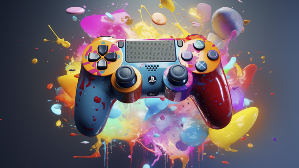 image of a PlayStation 4 controller against a colorful background.